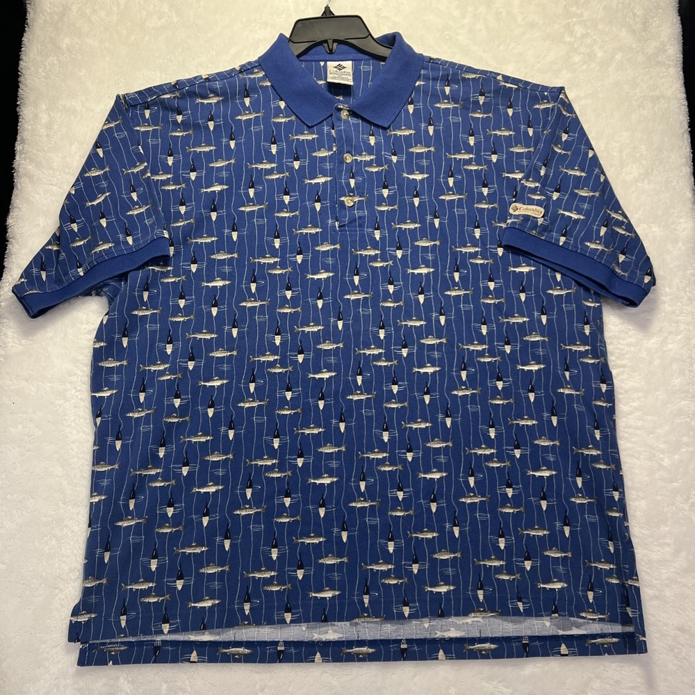 Vintage 90s‎ XL Columbia polo shirt fish pattern, blue Grey fishing shirt Y2K